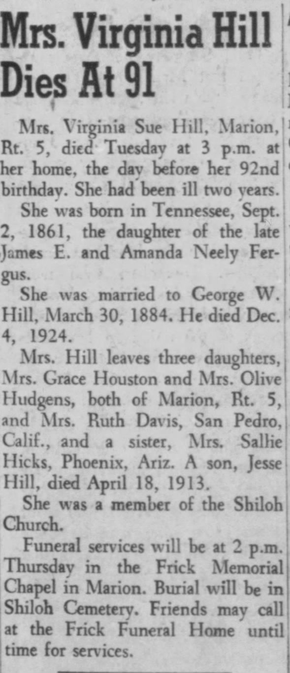 Obituary for Virginia Sue Hill (Aged 92)